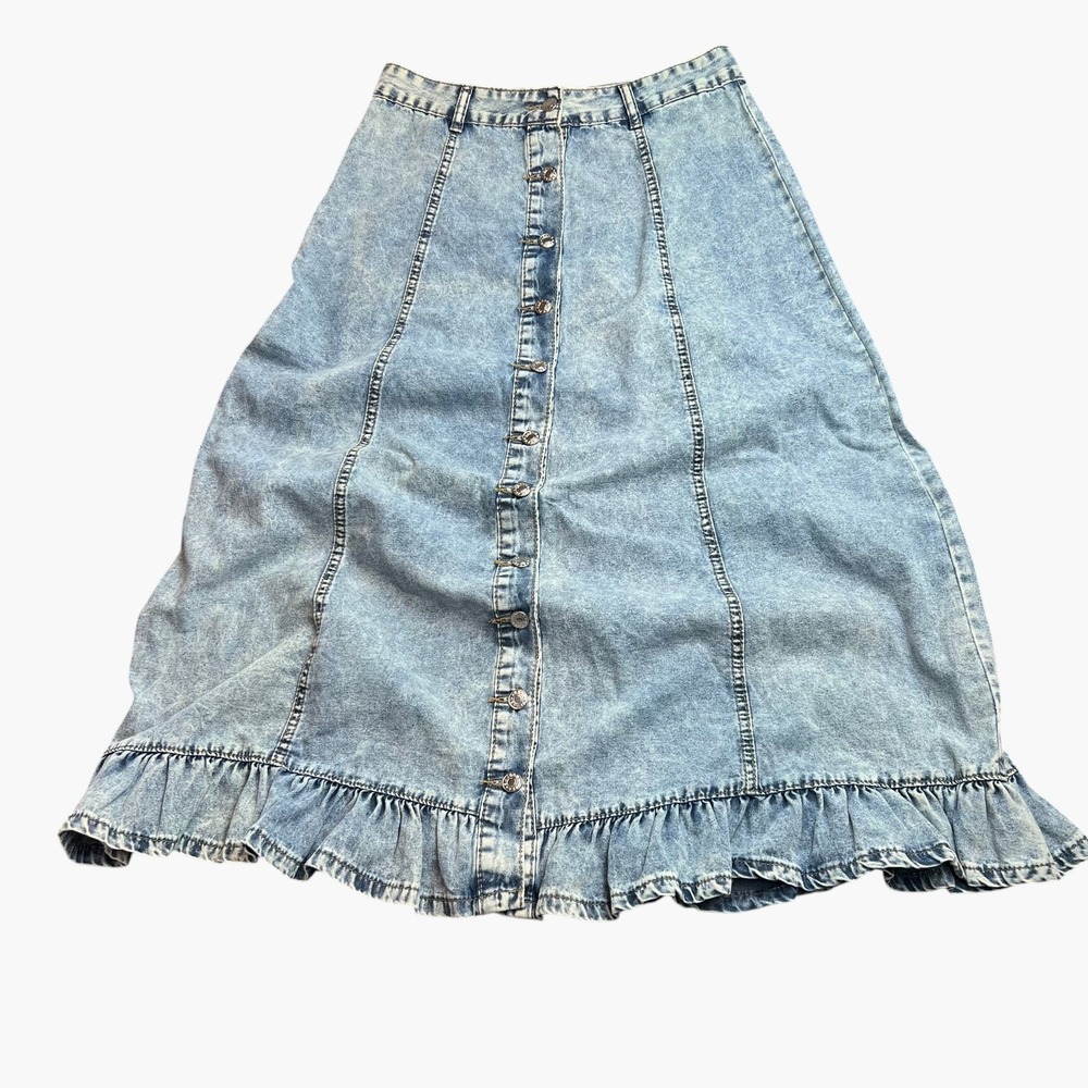 Button Front Ruffle Hem Denim Maxi Skirt Womens Large Blue Acid Wash Unbranded